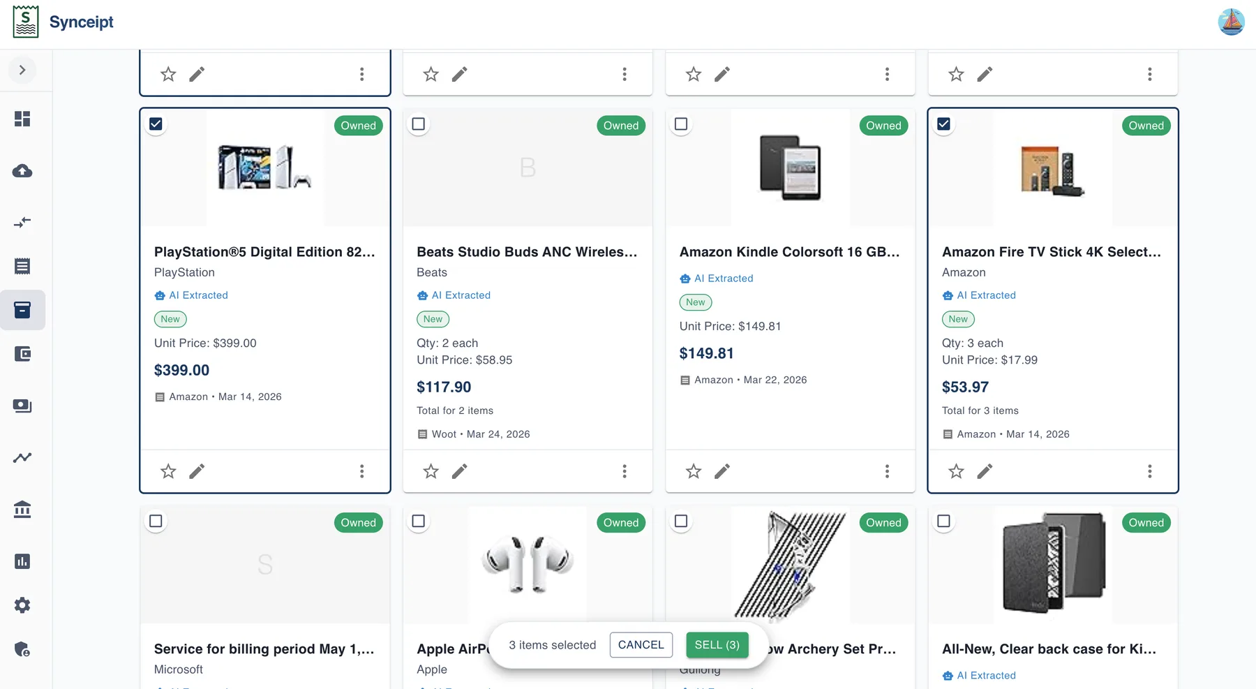 Synceipt OWNED tab with the PlayStation 5 Digital Edition and Amazon Fire TV Stick 4K item cards checked, and the SELL button visible in the selection bar at the bottom