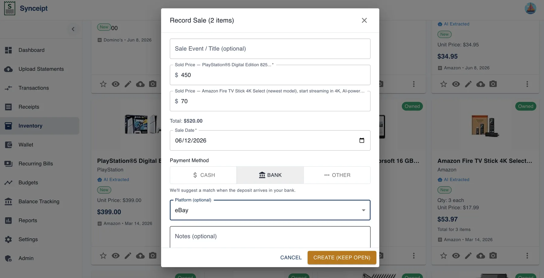 Synceipt Record Sale dialog showing two items — PlayStation 5 at $450 and Fire TV Stick at $70 — with a total of $520, Bank payment method selected, and eBay as the platform