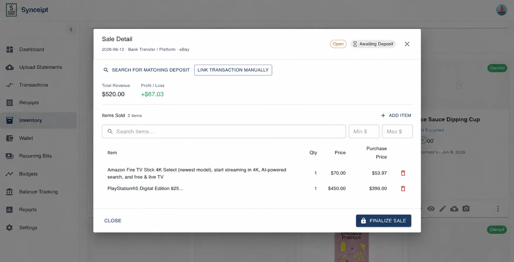 Synceipt open Sale Detail for an eBay sale dated 2026-06-12, showing Total Revenue of $520.00, Profit of +$67.03, and two line items — Fire TV Stick at $70 and PS5 at $450 — with a Finalize Sale button