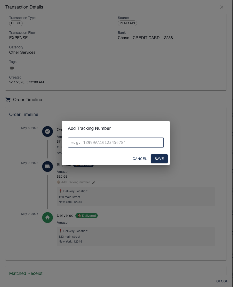 Synceipt transaction Order Timeline showing the Shipped event with an Add Tracking Number dialog open, prompting for a carrier tracking code such as 1Z999AA10123456784