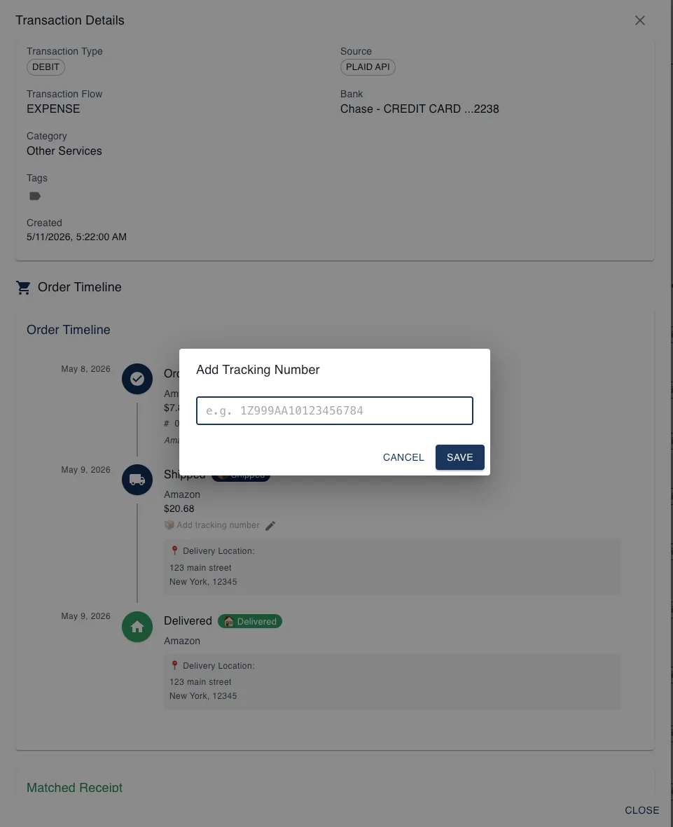 Synceipt transaction Order Timeline showing the Shipped event with an Add Tracking Number dialog open, prompting for a carrier tracking code such as 1Z999AA10123456784