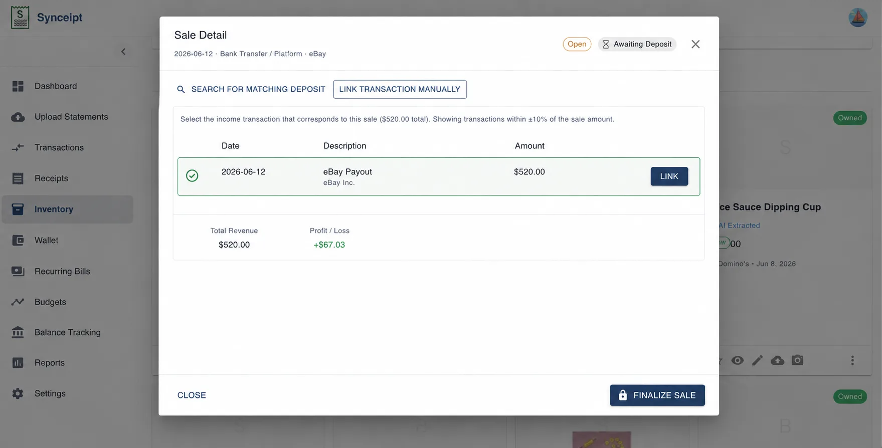 Synceipt deposit search panel showing bank transactions within 10 percent of the $520.00 sale total, with a LINK button next to each candidate deposit