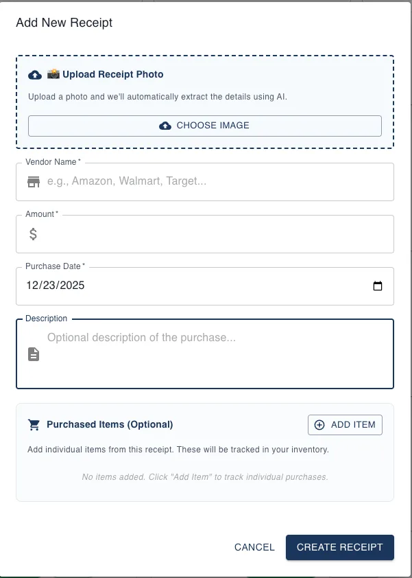 Add Receipt modal showing photo upload and manual text entry options on Dashboard