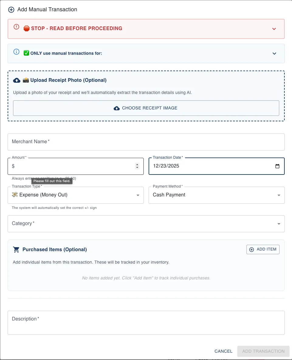 Add Transaction modal showing merchant, amount, date, and category fields on Dashboard