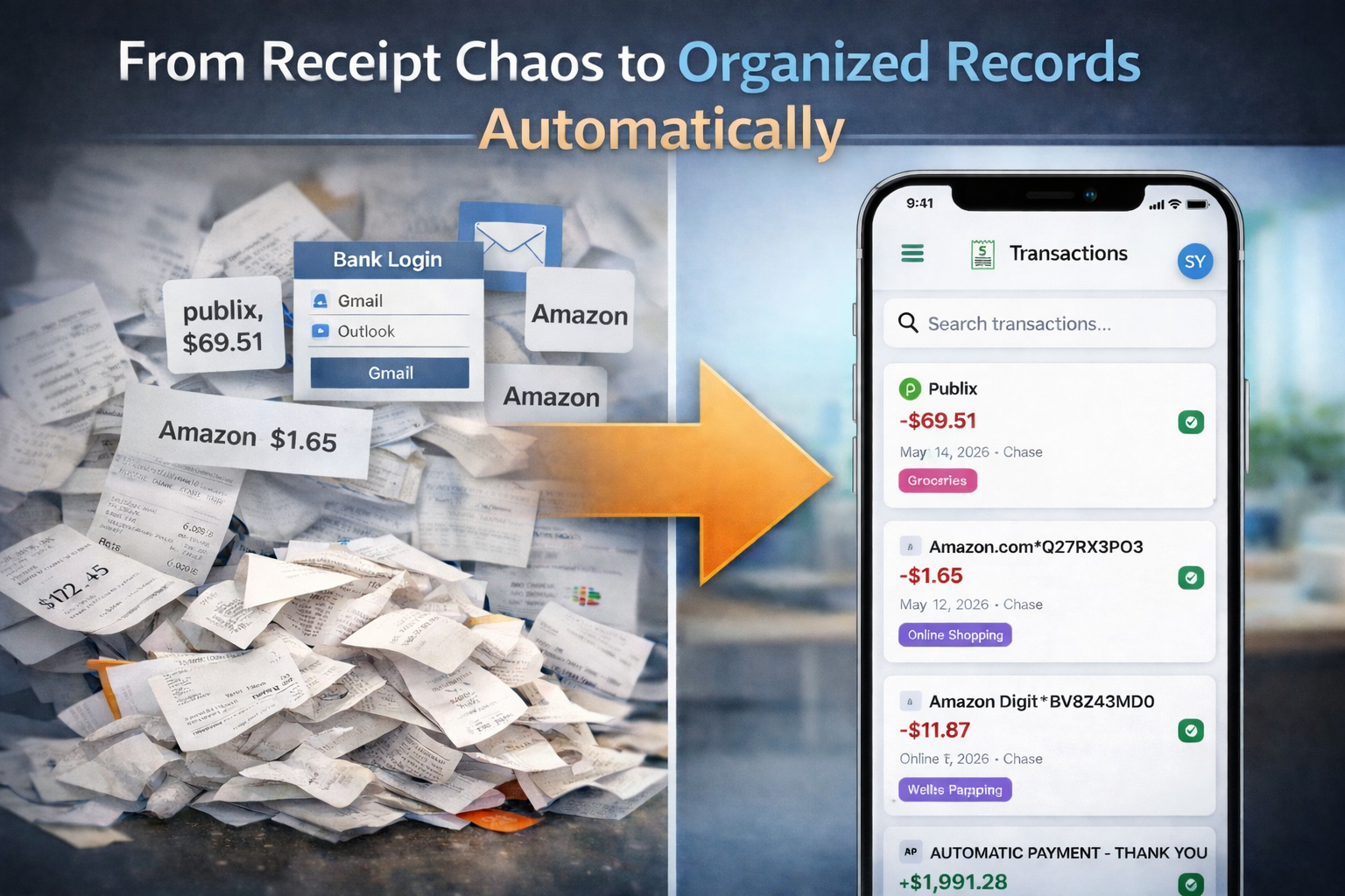 Receipt chaos transformed into organized records — Gmail receipts automatically matched to bank transactions