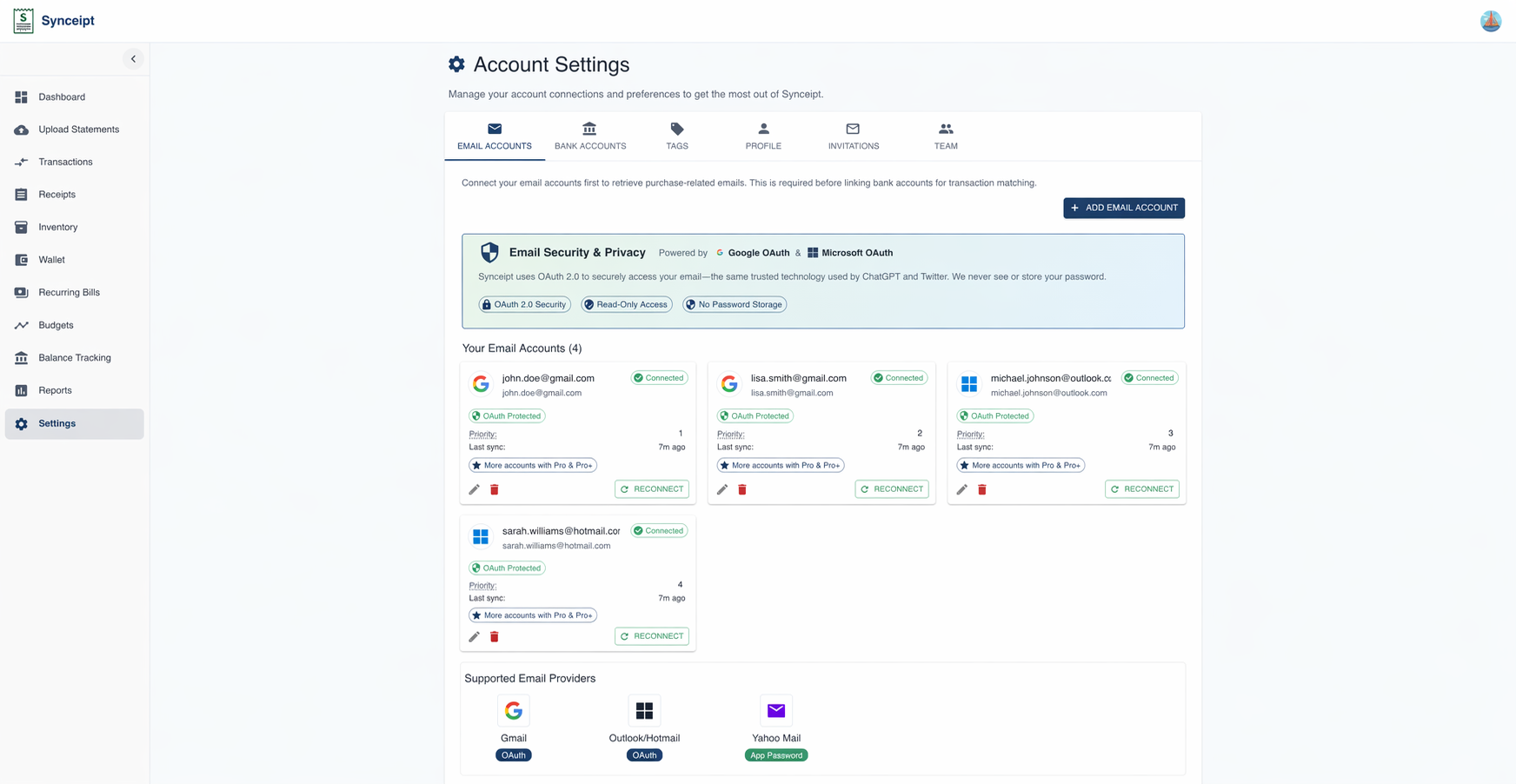 Synceipt Email Accounts settings page showing a connected Gmail account with OAuth security badge and last sync timestamp