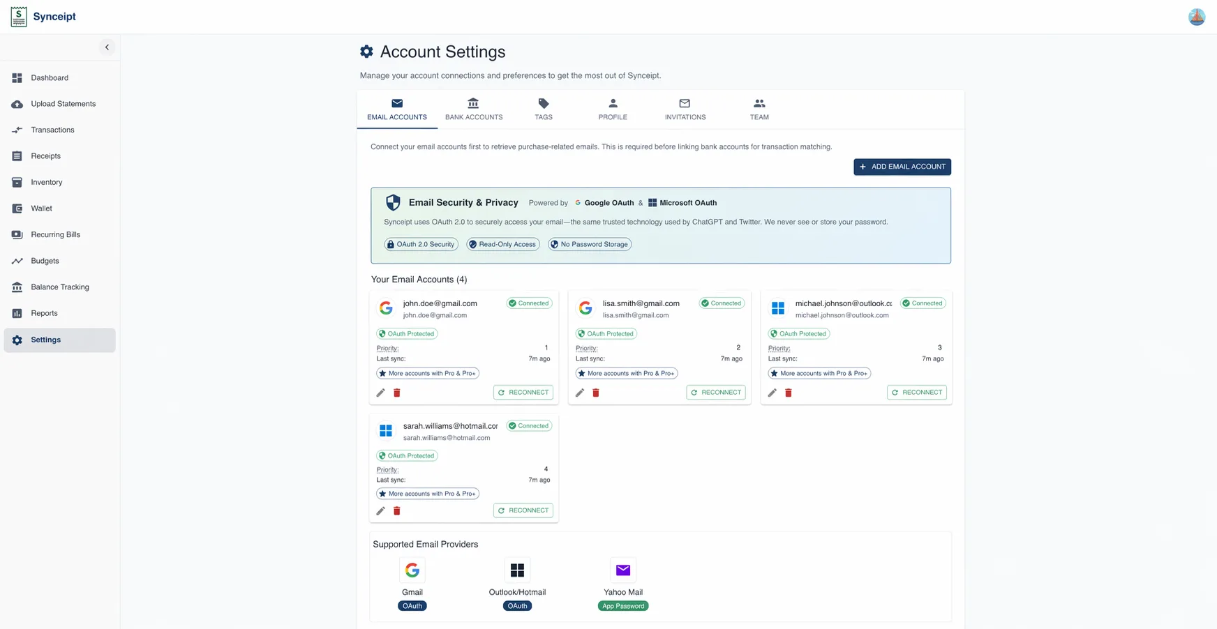 Synceipt Email Accounts settings page showing a connected Gmail account with OAuth security badge and last sync timestamp
