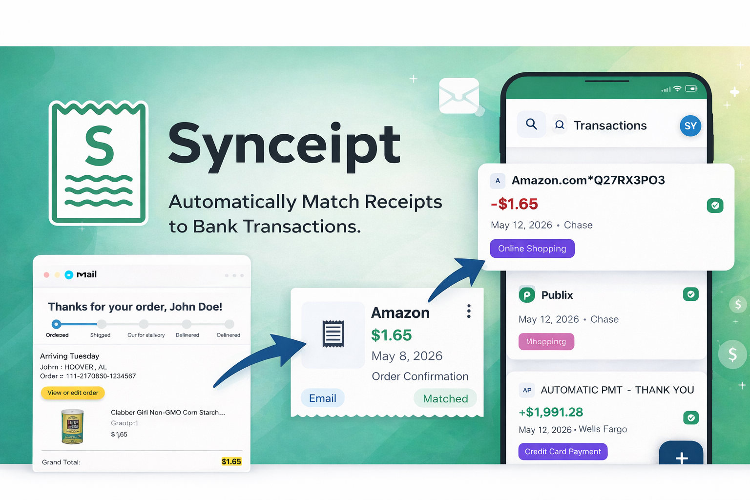Synceipt matching an Amazon email receipt to a bank transaction automatically