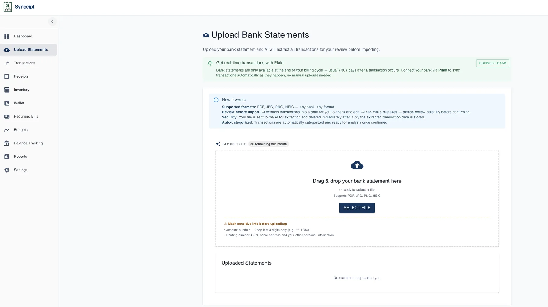 Upload Bank Statements page showing drag-and-drop zone, file selection button, and privacy reminders about masking sensitive information