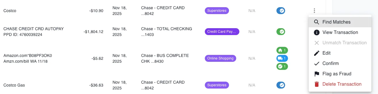 Synceipt Transactions page showing Amazon transactions matched to order receipts with status badges and Find Matches action buttons